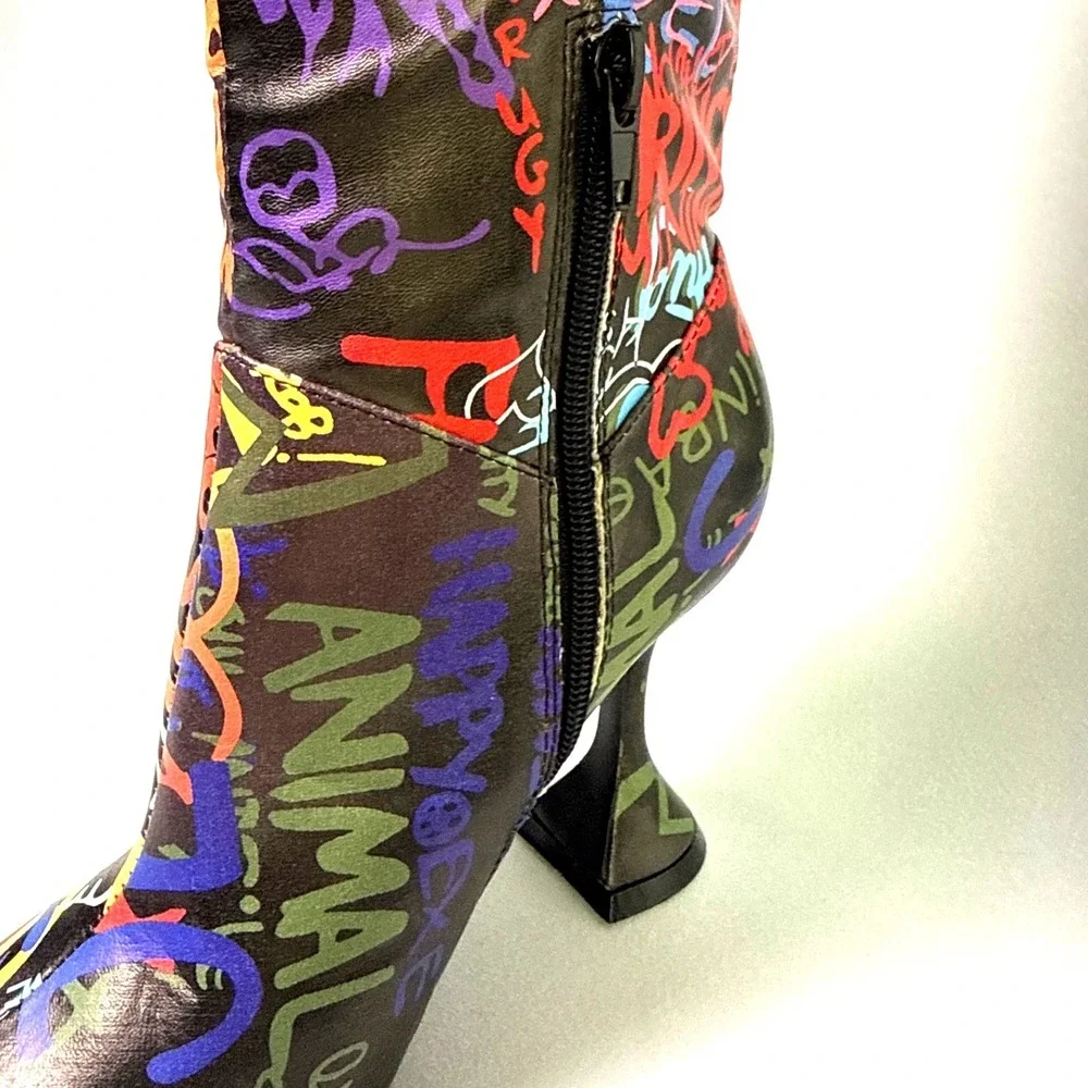 Revive Graf Multicolor Graffiti Print Over The Knee Flared Heel Boots woman  6.5
